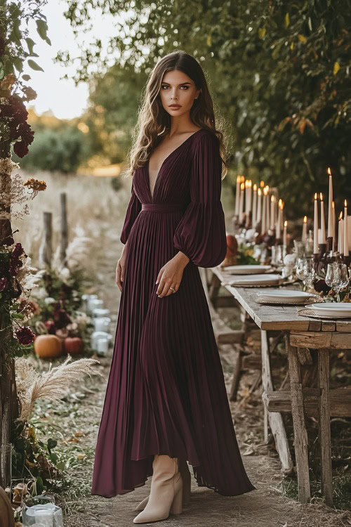 A stylish woman in a dark plum pleated midi dress with modest long sleeves (2)