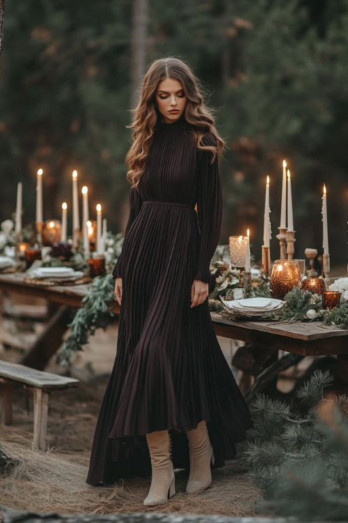 A stylish woman in a dark plum pleated midi dress with modest long sleeves, styled with beige suede boots (2)