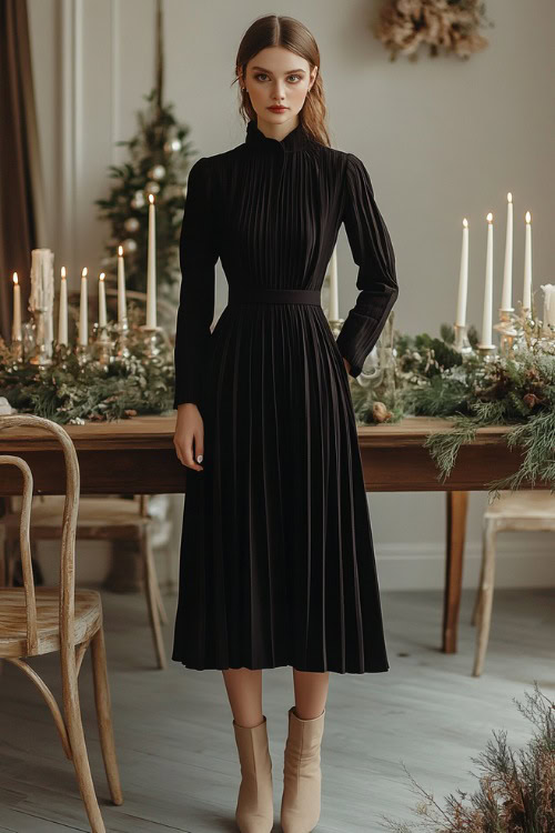 A stylish woman in a dark plum pleated midi dress with modest long sleeves, styled with beige suede boots (3)