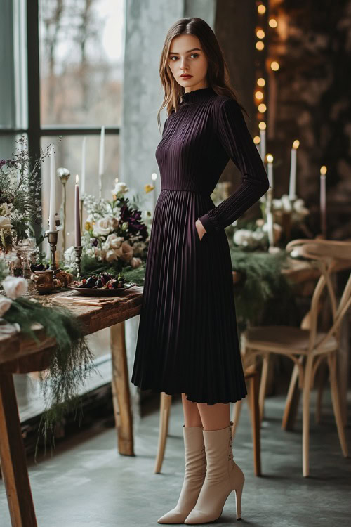 A stylish woman in a dark plum pleated midi dress with modest long sleeves, styled with beige suede boots