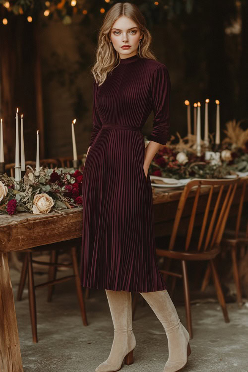 A stylish woman in a dark plum pleated midi dress with modest long sleeves