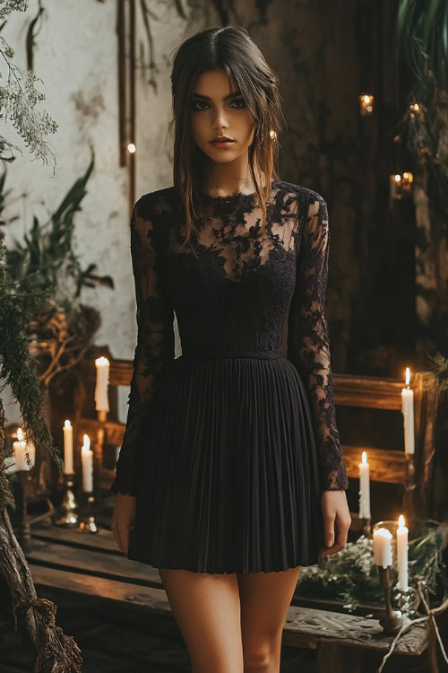 A stylish woman in a dark plum short pleated dress with subtle lace detailing