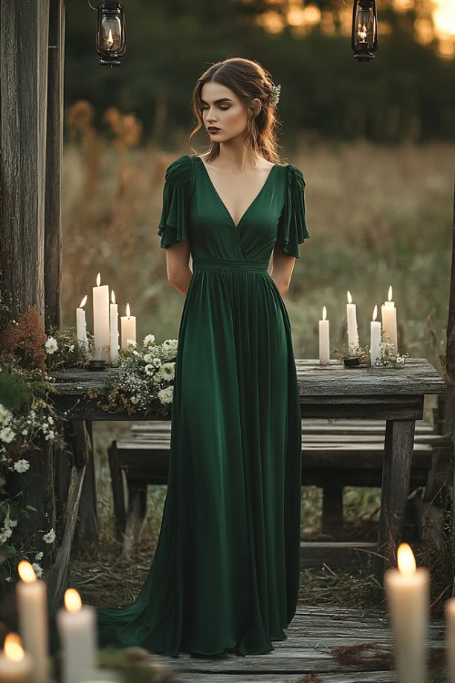 A stylish woman in a deep emerald green sheath dress with a V-neckline and flutter sleeves (2)