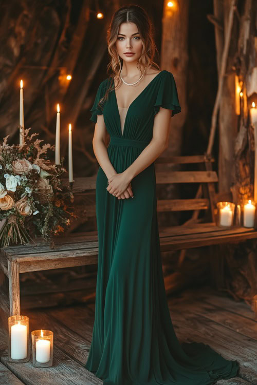 A stylish woman in a deep emerald green sheath dress with a V-neckline and flutter sleeves