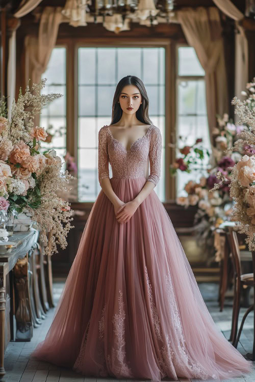 A stylish woman in a dusty rose gown with lace sleeves and a modest train