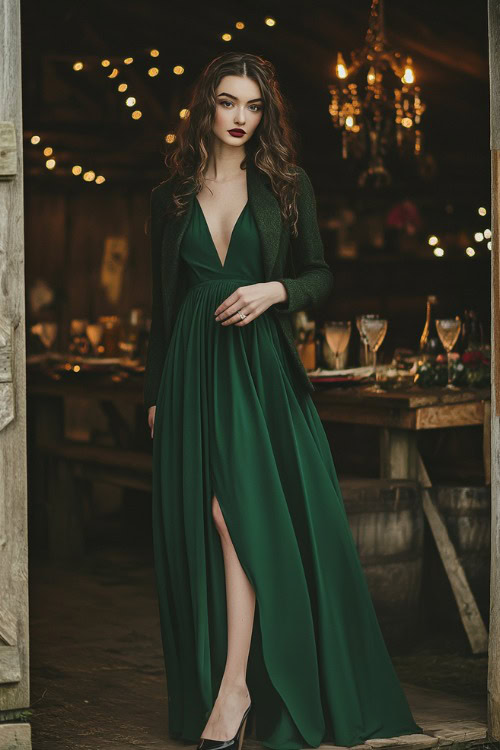 A stylish woman in a forest green midi dress paired with a tailored wool jacket