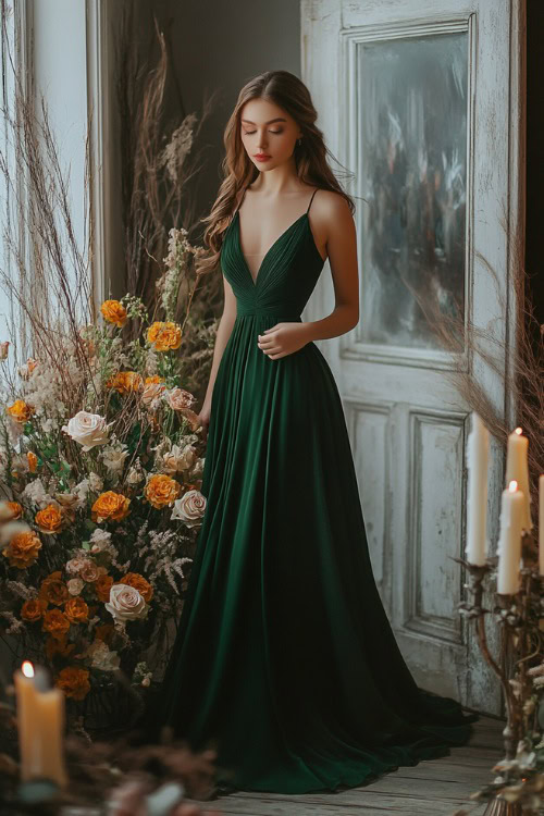 A stylish woman in a forest green midi dress with a sweetheart neckline and tulip hem