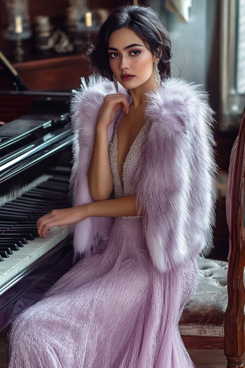 A stylish woman in a light lavender dress layered with a matching fur jacket, posing near a grand piano at a wedding reception