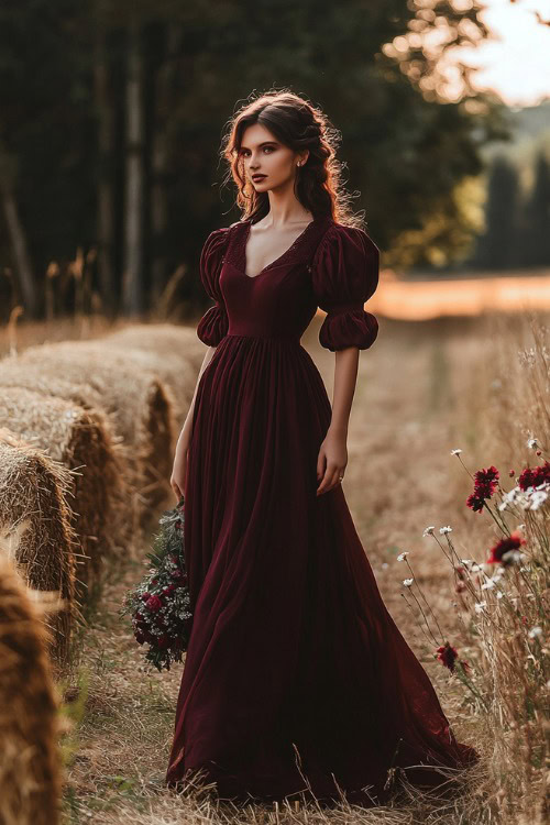 A stylish woman in a maroon A-line dress with puffed sleeves and a modest neckline (2)