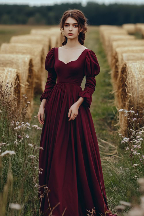 A stylish woman in a maroon A-line dress with puffed sleeves and a modest neckline