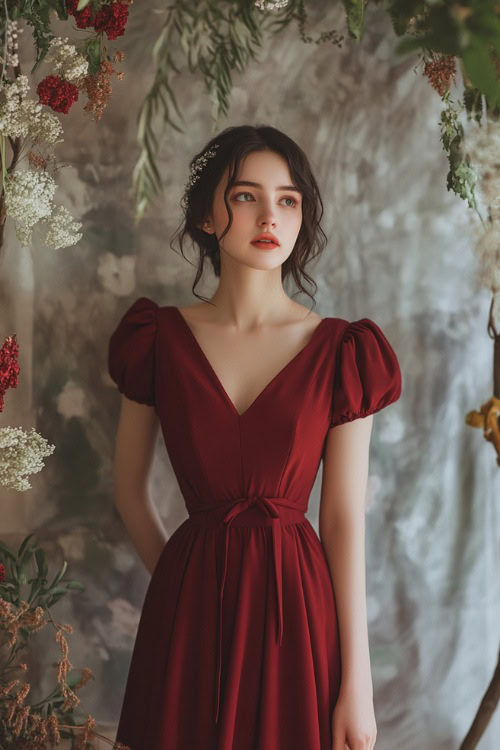 A stylish woman in a maroon midi dress with short sleeves and a gathered waist, standing near a simple wedding backdrop with soft greenery