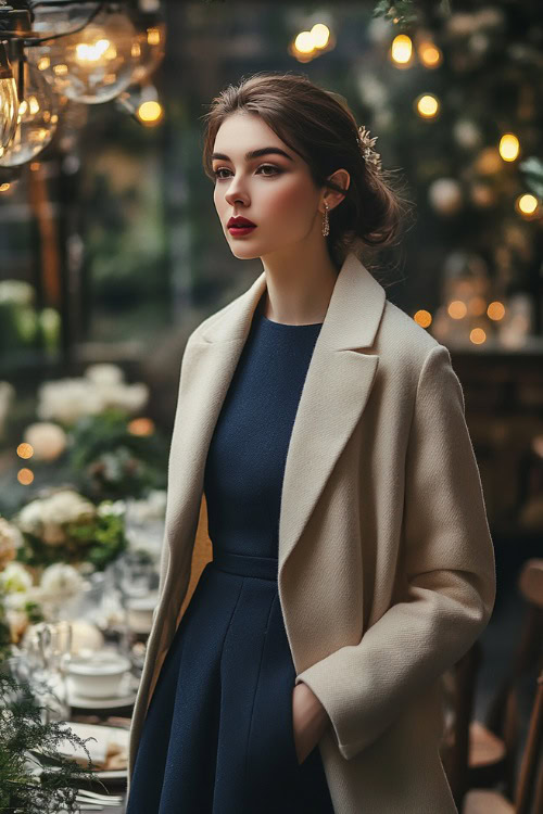 A stylish woman in a navy A-line dress layered with a tailored cream wool coat (2)