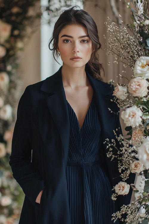 A stylish woman in a navy pleated midi dress paired with a tailored trench coat