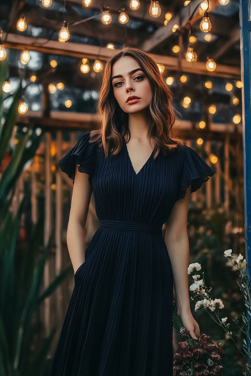 A stylish woman in a navy pleated midi dress with short puffed sleeves, posing near a barn-style wedding backdrop lit with fairy lights