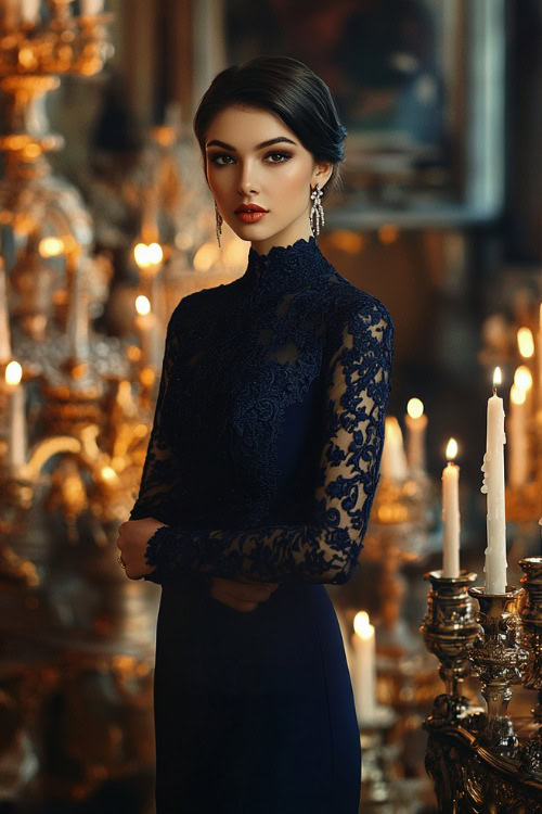 A stylish woman in a navy sheath dress with long lace sleeves and a high neckline