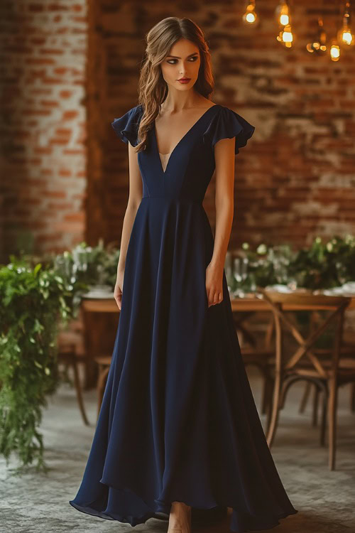 A stylish woman in a navy tea-length A-line dress with a cinched waist and flutter sleeves