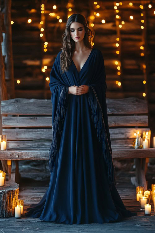 A stylish woman in a navy wrap dress with a high-low hemline, styled with a fringed shawl