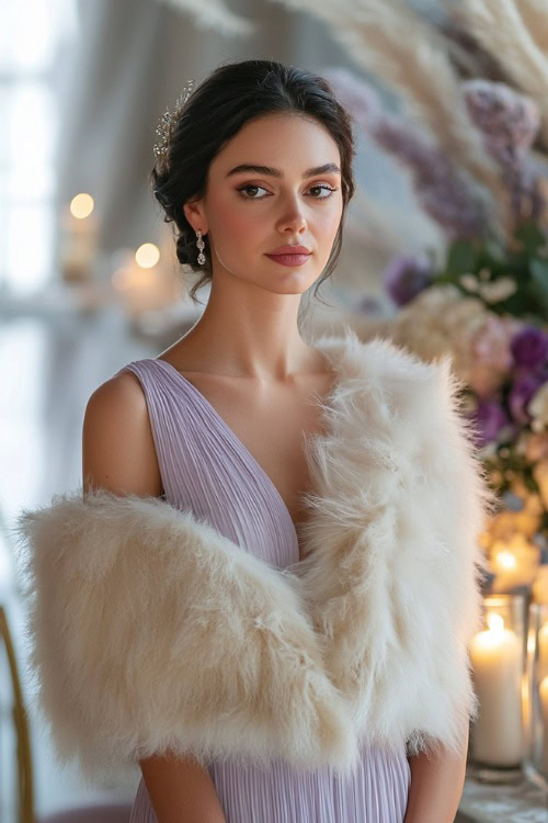 A stylish woman in a pastel lavender dress paired with a cream faux fur stole