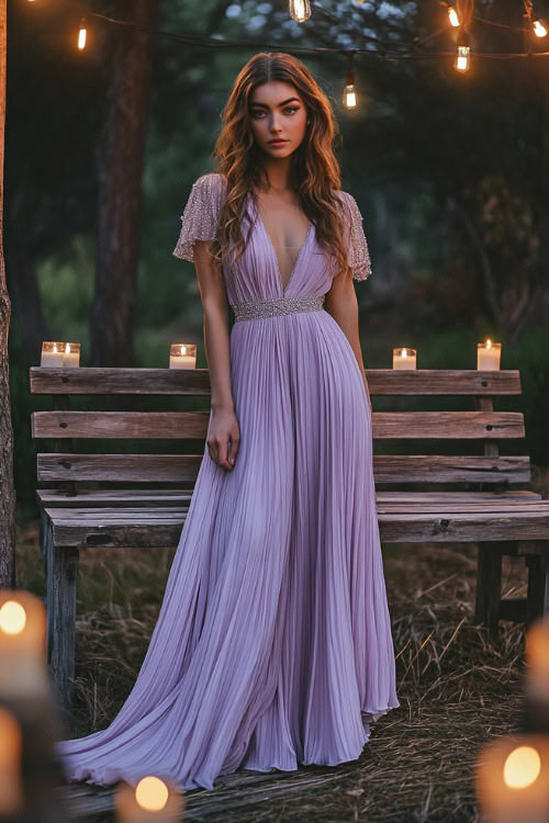 A stylish woman in a pastel lavender pleated midi dress with subtle beading