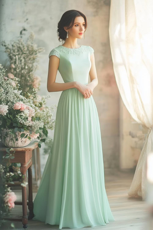 A stylish woman in a pastel mint green floor-length dress with a bateau neckline and subtle pleats, standing near a softly lit indoor wedding stage