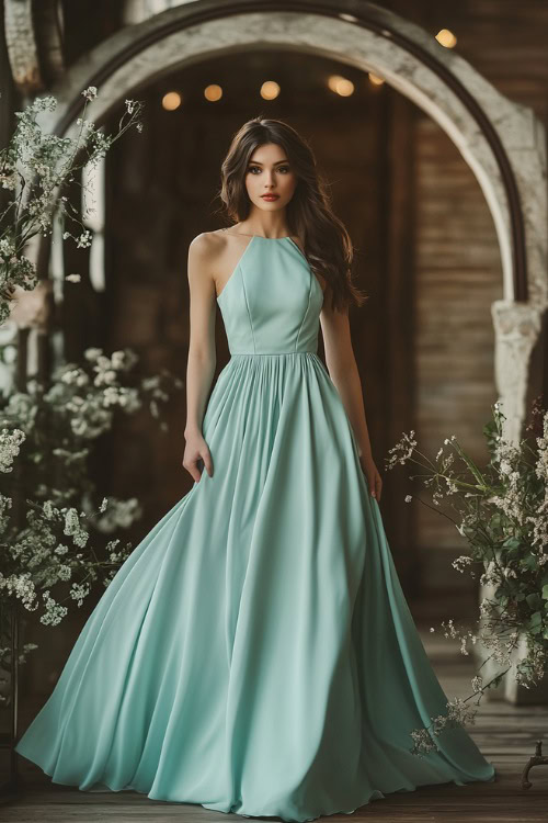 A stylish woman in a pastel mint green floor-length dress with a bateau neckline and subtle pleats