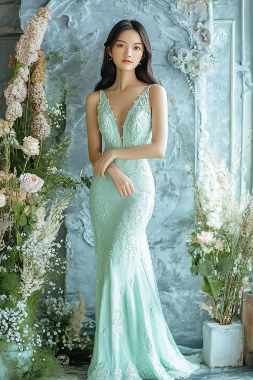 A stylish woman in a pastel mint green knee-length sheath dress with subtle embroidery (2)