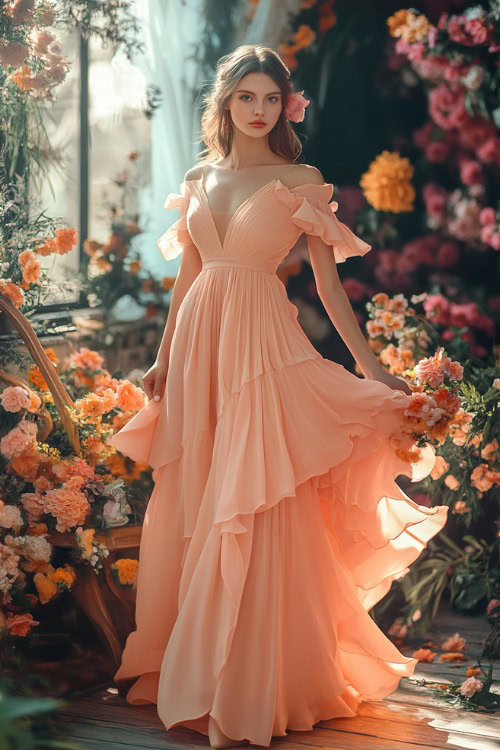 A stylish woman in a pastel peach A-line dress with an asymmetrical hemline and flutter sleeves