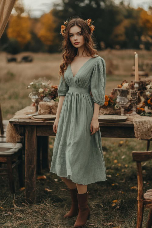 A stylish woman in a sage green midi dress paired with brown ankle boots (2)