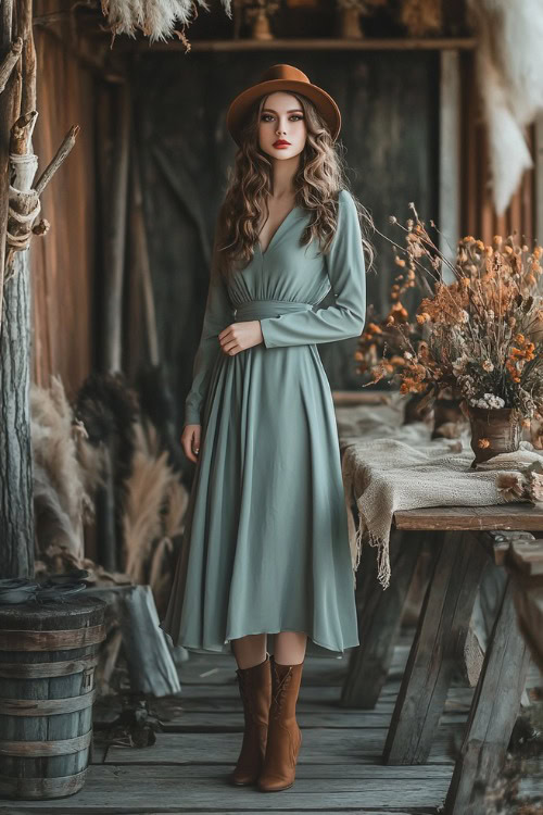 A stylish woman in a sage green midi dress paired with brown ankle boots