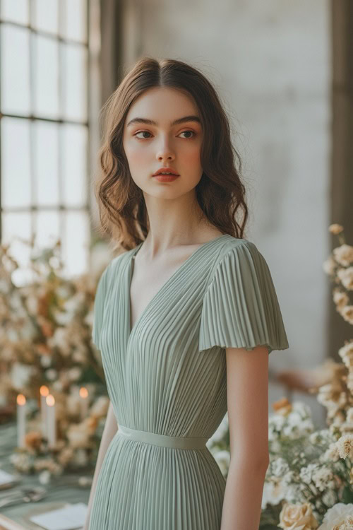 A stylish woman in a sage green pleated tea-length dress with cap sleeves, standing near a clean and bright wedding setup with subtle floral accents