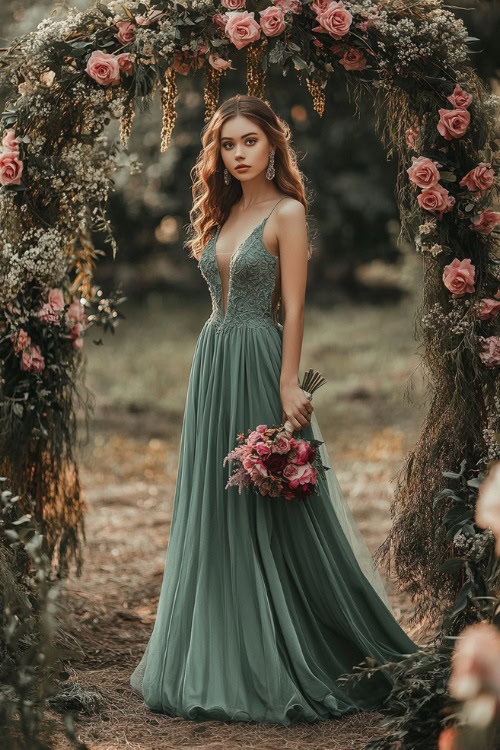 A stylish woman in a sage green sleeveless A-line dress with a flared hemline and lace detailing, standing near an outdoor floral wedding arch adorned with roses