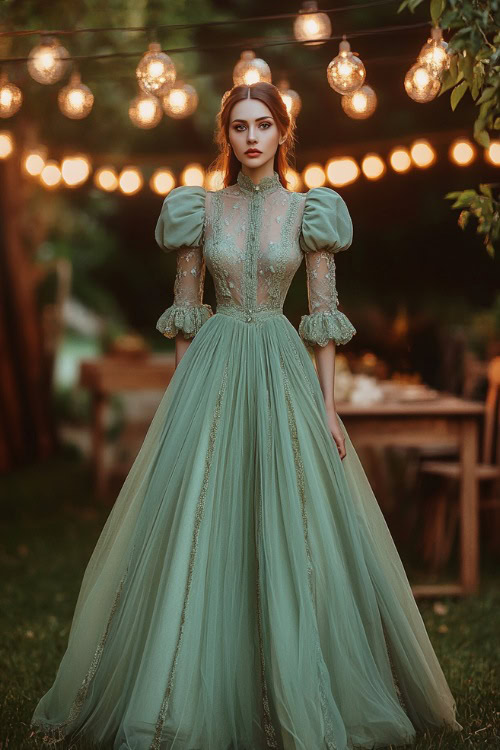 A stylish woman in a sage green tea-length dress with puff sleeves and lace accents