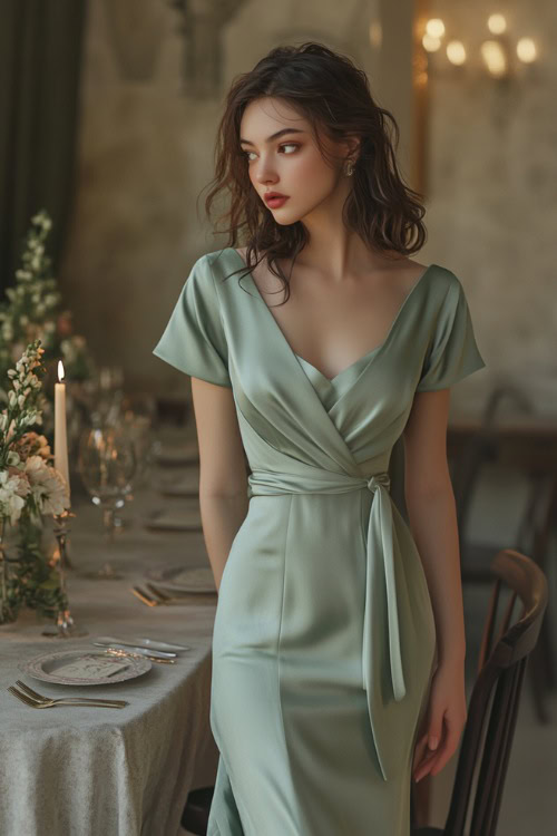 A stylish woman in a sage green tea-length wrap dress with a tulip hem, posing near a softly lit wedding reception table with minimal decor