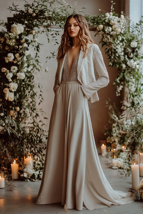 A stylish woman in a silver gown with long sleeves, paired with a tailored white blazer