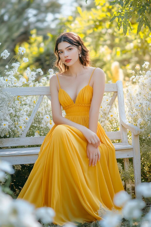 A stylish woman in a sunflower yellow A-line midi dress with spaghetti straps and subtle pleats, posing near a brightly lit outdoor wedding bench surrounded by white florals