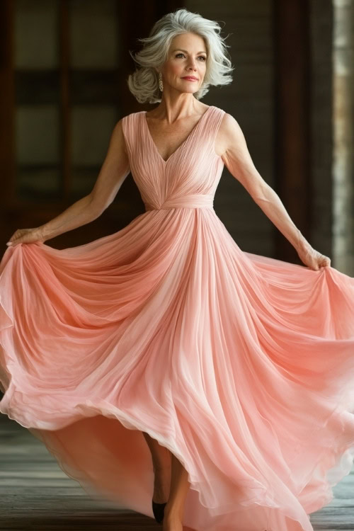 A stylish woman over 50 in a blush pink formal gown with a flowing skirt, posing at a luxurious wedding reception