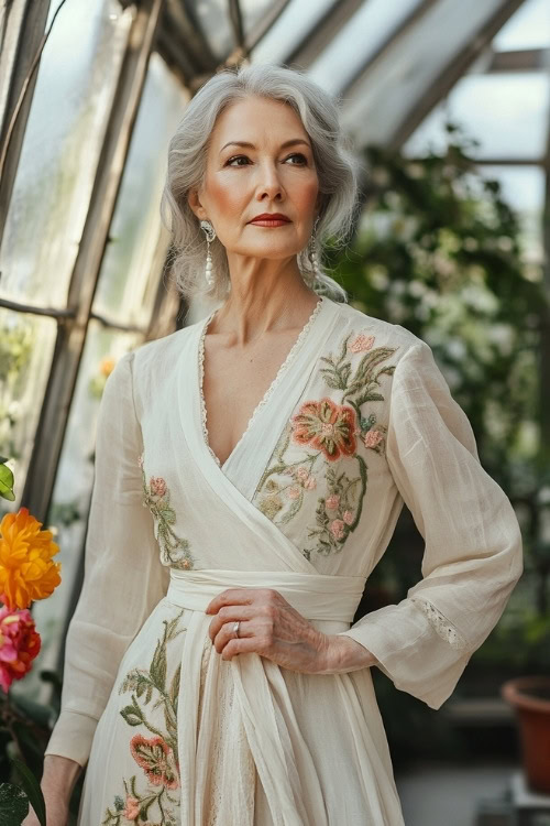 A stylish woman over 50 in a cream-colored wrap dress with floral embroidery, posing in a greenhouse wedding setting