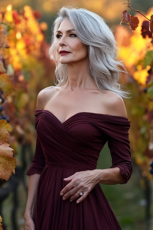 A stylish woman over 50 in a dark maroon dress with a fitted silhouette, posing in a vineyard during peak autumn foliage (2)