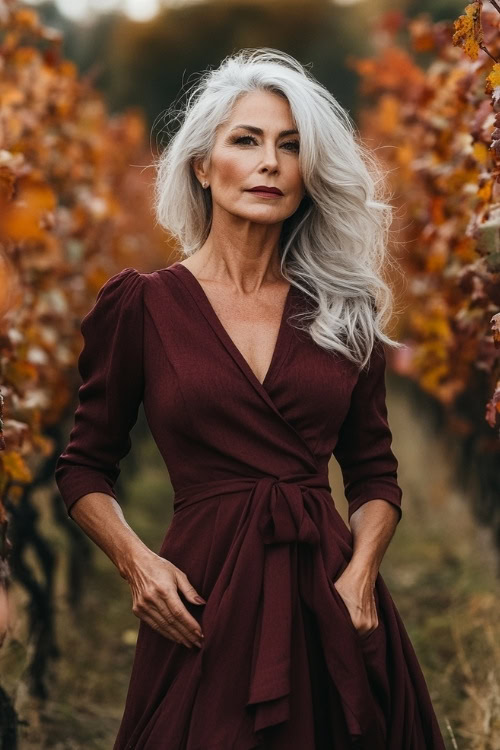 A stylish woman over 50 in a dark maroon dress with a fitted silhouette, posing in a vineyard during peak autumn foliage (3)