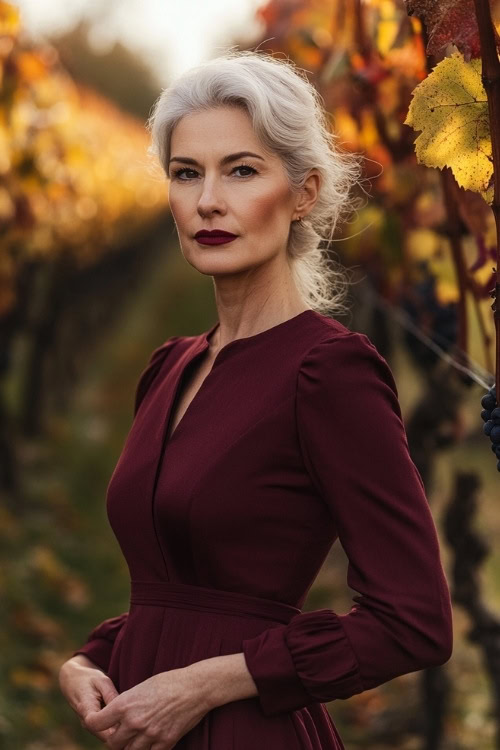 A stylish woman over 50 in a dark maroon dress with a fitted silhouette, posing in a vineyard during peak autumn foliage