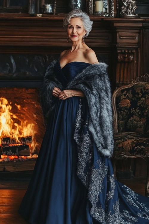 A stylish woman over 50 in a navy-blue floor-length gown with a faux fur shawl, standing near a roaring fireplace in a wedding venue