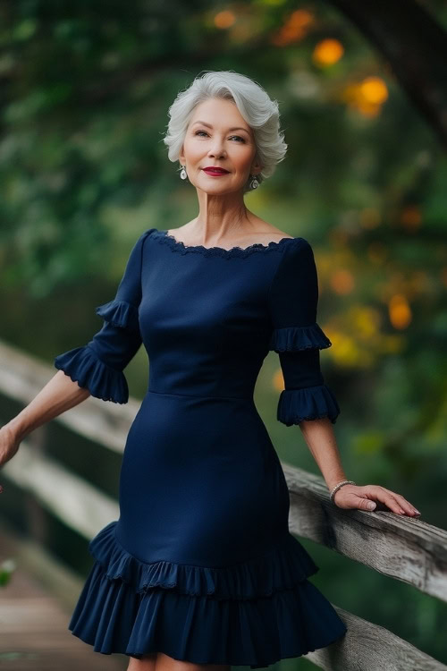 A stylish woman over 50 in a navy cocktail dress with a scalloped hemline and elbow-length sleeves, posing by a wooden bridge in a garden wedding (2)