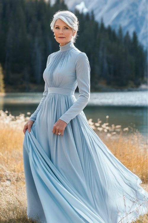 A stylish woman over 50 in a pastel blue high-neck floor-length dress, posing near a picturesque lake wedding (2)