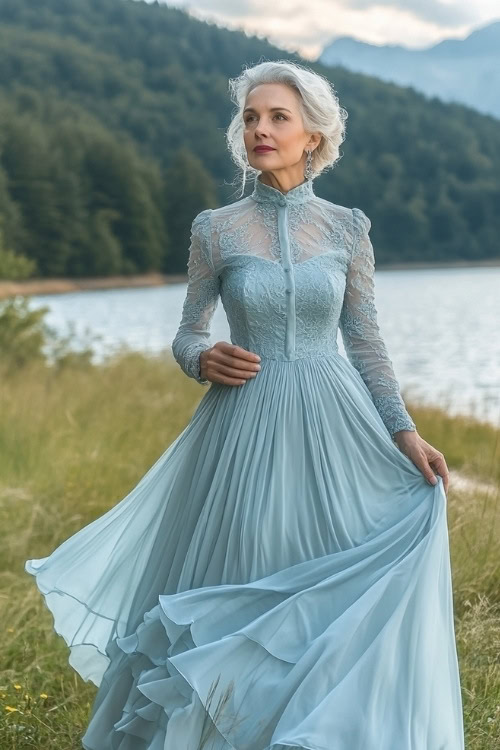 A stylish woman over 50 in a pastel blue high-neck floor-length dress, posing near a picturesque lake wedding