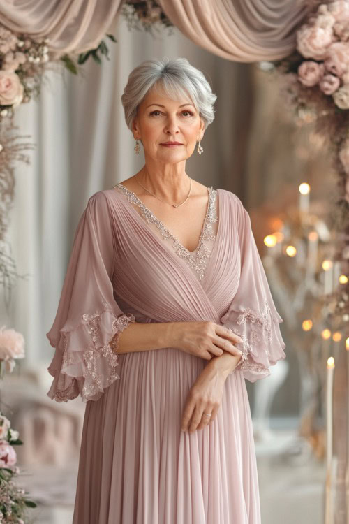 A stylish woman over 50 in a pastel mauve cocktail dress with flutter sleeves and a cinched waist