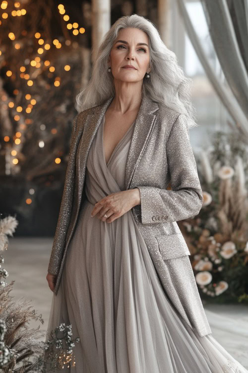 A stylish woman over 50 in a silver tea-length dress layered with a long tailored blazer, posing near a decorated indoor wedding stage