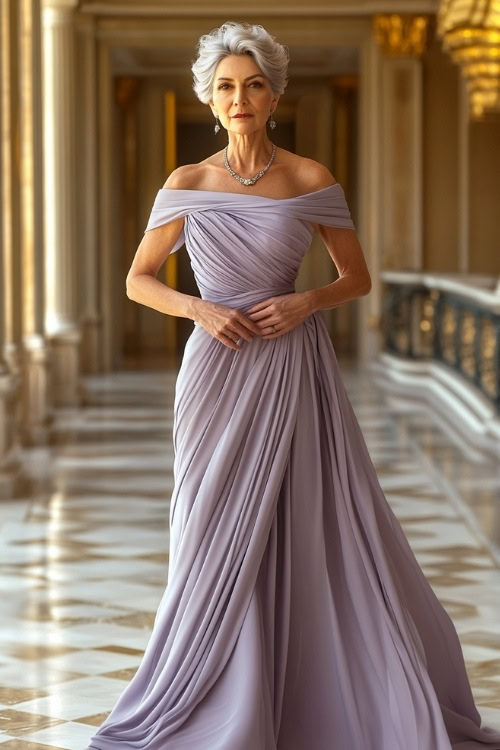 A stylish woman over 50 wearing a pastel lavender floor-length gown with minimal jewelry, posing in an elegant reception hall