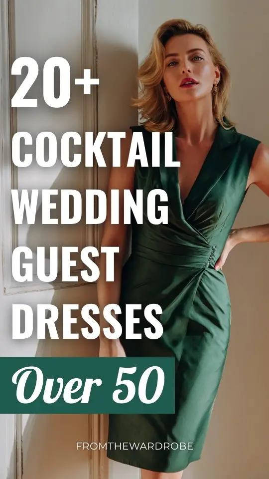 A stylish woman over 50 wears a forest green cocktail wedding guest dress with a defined waist and satin finish
