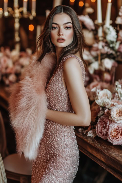 A stylish woman wearing a blush pink sheath dress with sequined accents, paired with a luxurious faux fur stole