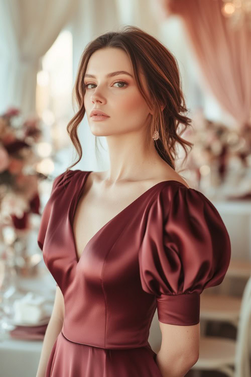 A stylish woman wearing a burgundy satin midi dress with long puffed sleeves